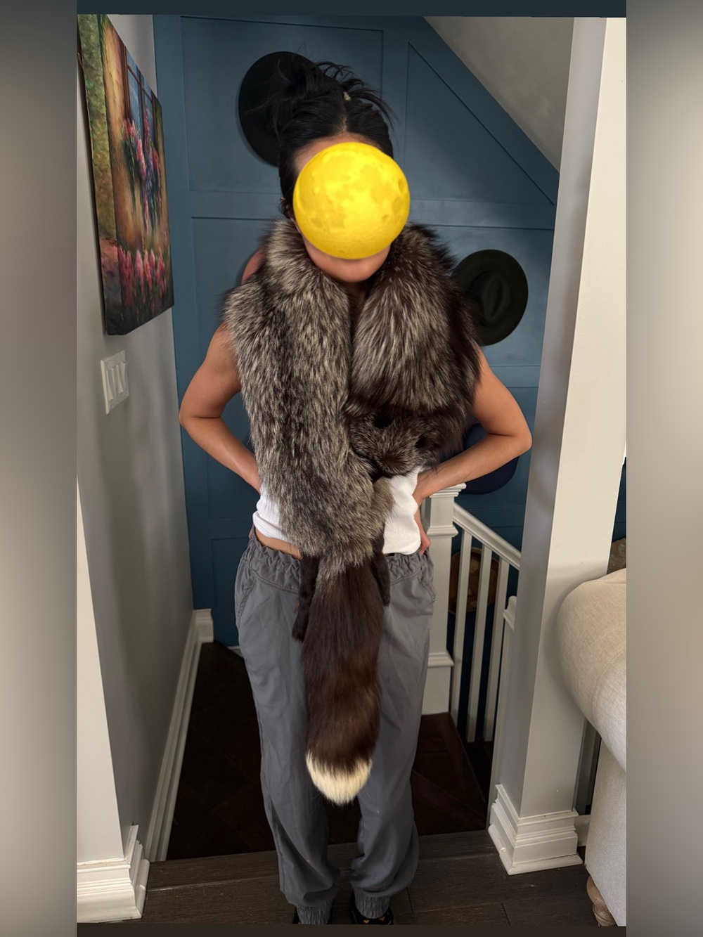 Long Natural Brown Fox Fur Stole with Tail